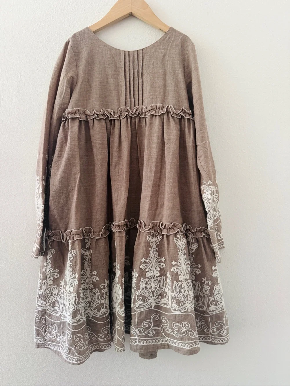 Isabella & Chloe Tan Gray Embroidered Tiered Dress